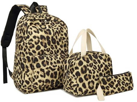 Treer Schulrucksack Set 3tlg, Schulrucksack Teenager mit Lunchpaket Tasche und Federmäppchen, Mädchen & Jungen Schulrucksack Klassisch Druck Schulranzen Wasserdicht Rucksack Schule (Leopardenmuster)