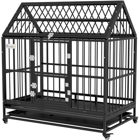 PawHut Jaula para Perros Grandes 123x74x125 cm Perrera Metálica con Ruedas Bandeja Extraíble Marco de Acero Puerta en Techo Puertas Frontal y Cerraduras Negro