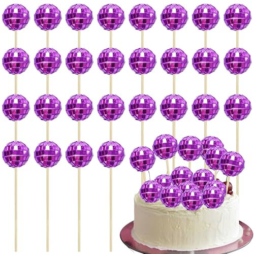 Ephlyn 24Pcs Rose Red Mini Disco Ball Cake Toppers - Disco & 70s Party Decor