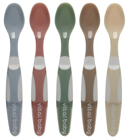Vital Baby Nourish Baby & Toddler Weaning Spoons 5pk 4m+, Soft, Shallow Spoon Bowls, Easy Grip Handles, EarthSmart Biodegradable, BPA-Free & Gentle on Gums