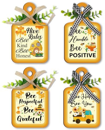 PH PandaHall 4 Styles Bee Wooden Sign, Wall Decor Eat Wood Cutting Board Sign Yellow Hive Rules Farmhouse Tiered Tray with Hemp Rope Hanging Wall Decor for Home Kitchen Dining Living Room Bar