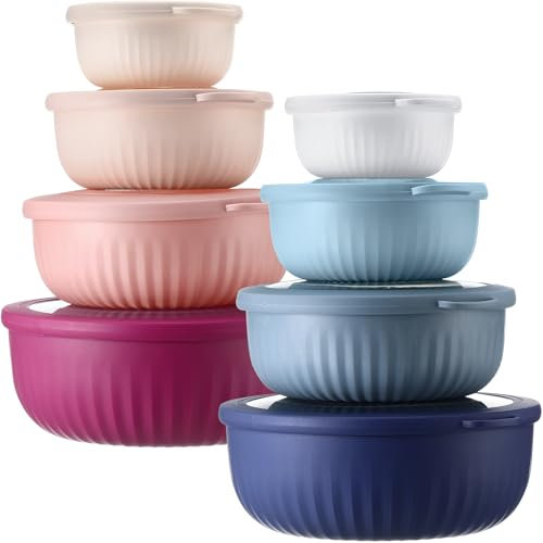 Maxdot 8 Set Prep Bowls with Lids Plastic Nesting Mixing Bowls Set Small Store Serve Bowl for Kitchen Baking Microwave Freezer Fridge Safe, 8 Bowls, 8 Lids (Pink and Blue)