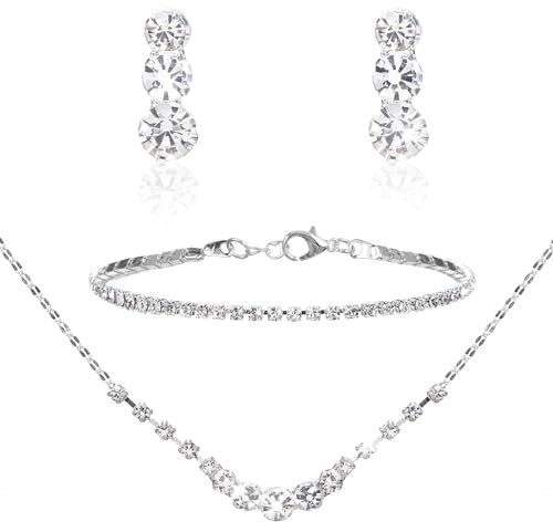 Gjinxi Silber Schmuck-Set für Frauen, Strass Halskette Armband Dangle Ohrringe Set, Kristall Braut Hochzeit Partei Schmuck-Sets für Braut Brautjungfer formale Kostüm Zubehör