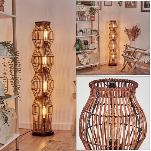 HOFSTEIN Stehleuchte Cardeira, Stehlampe im skandinavischen Design, Boho-Style mit Schirm aus Rattan in Natur, mit Lichteffekt, E27, Höhe 110cm, Fußschalter - Wohnzimmer, Schlafzimmer, Esszimmer, Flur
