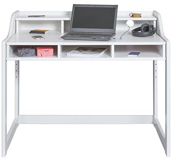 Inter Link Bureau pour Enfant - Hauteur réglable - Évolutif - Ergonomique - Chambre d'adolescent - 6 Compartiments - Grand Espace de Rangement - Blanc - Bois de pin Massif - Apprentissage des Enfants