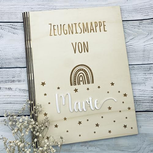Zeugnismappe personalisiert aus Holz | Geschenk zum Schulstart | Zeugnisordner mit Namen | Einschulungsgeschenk für Mädchen und Jungen