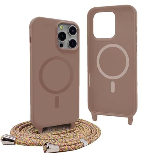 YFSYLL Handykette Hülle für iPhone 15 Pro Max mit Band,Magnetische Silikon Handyhülle Kompatibel mit MagSafe,Handyhülle für zum Umhängen Einstellbar und Abnehmbar - Braun