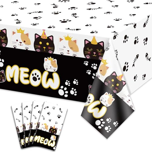 4Pcs Katze Partei Tischdecken - 130x220cm Haustier Kätzchen Geburtstag Dekorationen Tischabdeckung, rechteckige Meow Katze Tischdecke für Kätzchen Party Dekorationen Haustier Geburtstag Supplies