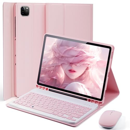 MicroTunk für iPad Pro 11 Zoll (4, 3, 2, 1 Generation-2022/2021/2020/2018) Hülle mit kabellose Bluetooth Deutsche Tastatur (QWERTZ) und Maus mit integriertem Stifthalter Keyboard case Rosa