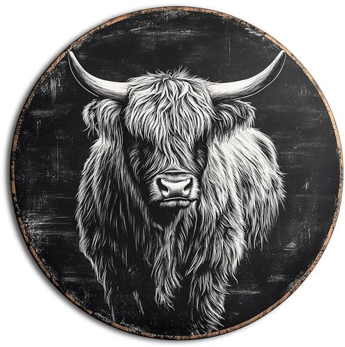 DRO Design - Hochlandrind Leinwand Bilder 50cm Rund - Kunst-Druck auf 6mm HDF - Rund Wanddeko Wohnzimmer Aesthetic Room Decor Deko Zimmer Wandbilder Modern Bild auf Leinwand Vintage Kreide-Look