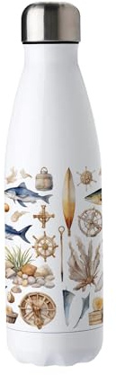 Seaside Maritime Stainless Steel Water Bottle - Aquatic Sailing Fishing Diving Presents - Double Walled 500ml Metal Hot/Cold Drinks Bottle Outdoor Gifts