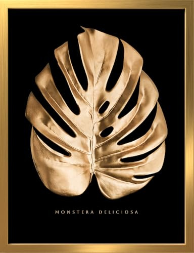STYLER Bild Gold Monstera 30x40 cm (AUFHÄNGFERTIG) mit hochwertigem Rahmen – Luxuriöse Monstera-Blatt-Ästhetik in Gold auf Schwarz – Modernes mattes Finish