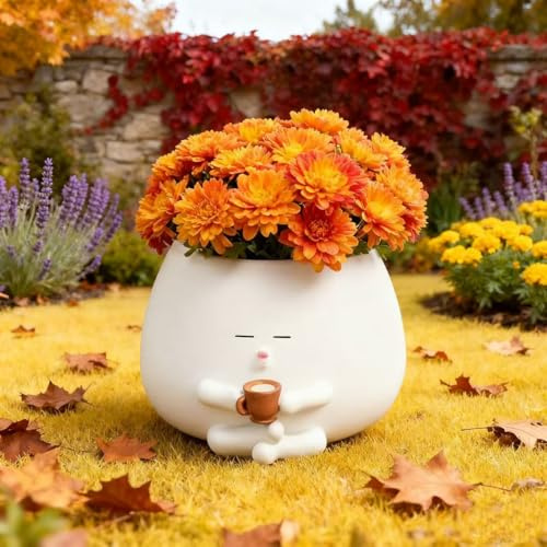 EMINGSKY Smily Face Pot de fleurs avec tasse à café en résine pour plantes succulentes et succulentes - Pots de fleurs uniques pour intérieur et bureau et extérieur - Pour maman, Noël (blanc)