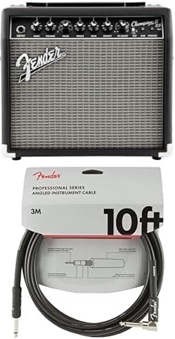 Fender Champion 25W Combo Amp II Bundle (Black/Silver) + 10ft Professional Instrument Cable, Angled, Nickel-Plated, Durable PVC