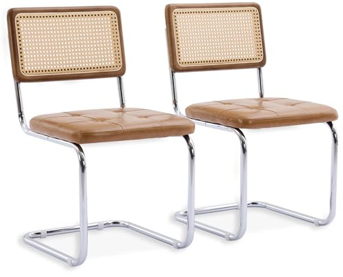 SEEDWAVE 2er-Set Freischwinger Stühle im Vintage-Stil – Esszimmerstühle mit Rattan Rückenlehne & Holzrahmen – PU-Ledersitz, Retro Design für Küche, Wohnzimmer, Büro