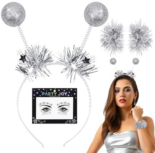 KECDRU 4-Teilig Alien Kostüm Zubehör Set Für Erwachsene Damen Herren Karneval Halloween Headband Mit Wackelnden Kugeln 2 Armbändern Gesichts Aufkleber Silber