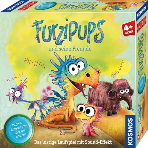 Kosmos Furzipups und Seine Freunde, Laufspiel mit Sound und Holzfiguren | Für 2-4 Kinder, ab 4 Jahre, Sound-Button mit Furzipups-Geräuschen, der kleine Knatterdrache