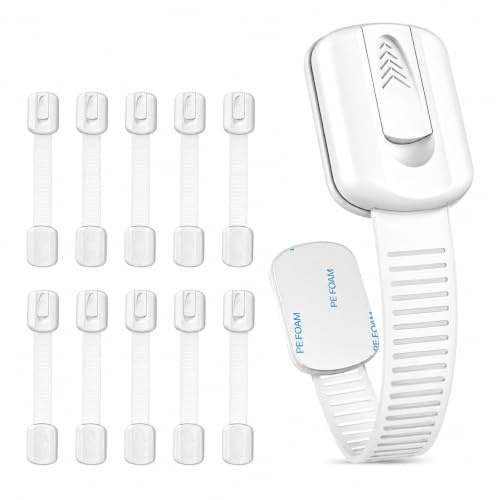 Kit 10 Blocca Cassetti Sicurezza Bambini – Chiusure di Sicurezza per Armadietti, Cassetti e Frigorifero, Sistema Anti Apertura Senza Fori con Adesivo Ultra Forte, Colore Bianco