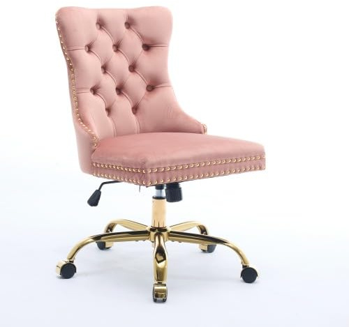 kozamas Chaise de bureau en velours rose pâle - Hauteur réglable - Design vintage - Accents dorés et base or rose - Pour postes de travail féminins et coiffeuse