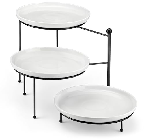 MALACASA 3 Tier Serving Tray Stand, 10 Porcelain Tiered Dessert Stand, Cupcake Fruit Display Tower, Space Saving Metal Rack, Ceramic Serving Platters for Party Kitchen Counter