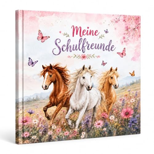Tikva Verlag Freundebuch für die Schule mit Pferd-Motiven | Erinnerungsbuch zum Ausfüllen mit Platz für 30 Freunde & 5 Wegbegleiter (z. B. Lehrer) | Beliebtes Geschenk für Mädchen im Grundschulalter