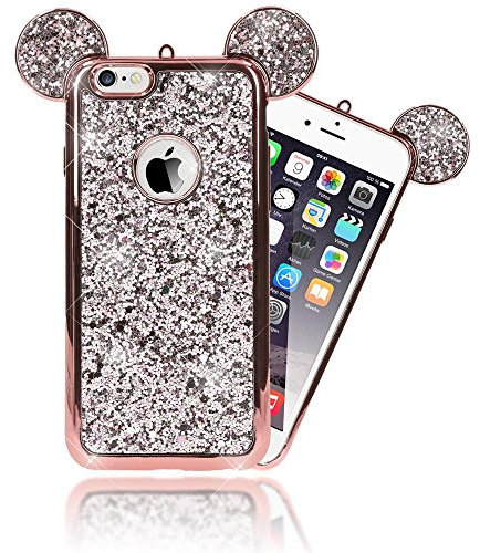 NALIA Coque Silicone Compatible avec iPhone 6 6S, Ultra-Fine Glitter Housse Protection Oreilles Souris Case Paillettes Cover, Slim Bling Etui Telephone Bumper Mince Résistant, Couleur:Rose Gold Or