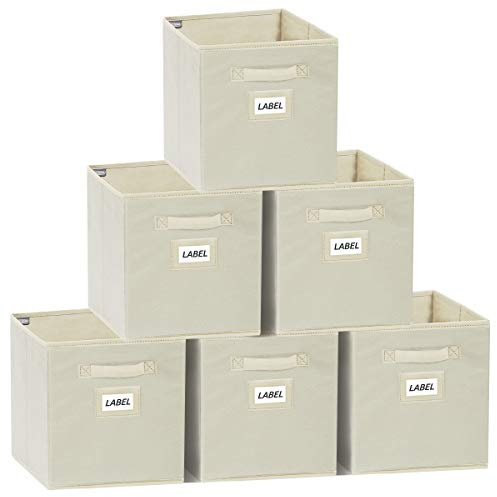 YOUDENOVA Aufbewahrungsbox 27x27x28 6er Pack, Stoffboxen mit Etikettenhaltern, Faltbox Aufbewahrungskiste Faltbare Kisten Ordnungsbox für Kleidung, Spielzeug, Weihnachtskugeln (Beige, 27x27x28 cm)