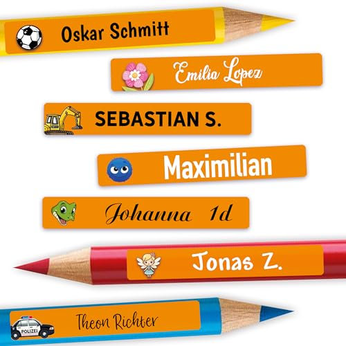 Sunnywall® Namensaufkleber Kinder – Stifteaufkleber personalisiert für Schule & Kita, ideal für Stifte & Schulsachen, wasserfest & spülmaschinenfest, starker Halt (Orange)