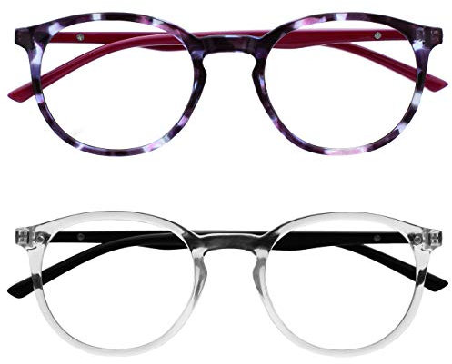OPULIZE Met - Lesebrille Blaulichtfilter 2er Pack Schlank Runder Rahmen Federscharniere Verbessert Schlaf Computer Gaming Entspiegelt Lila Transparent Herren Damen BB60-5C +1.50