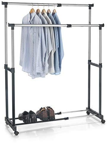 CARO-Möbel Garderobenwagen Rollgarderobe Kleiderständer Garderobenständer Rollkleiderständer CASA in schwarz, 2 Kleiderstangen, Metallgestell verchromt, höhen- und breitenverstellbar
