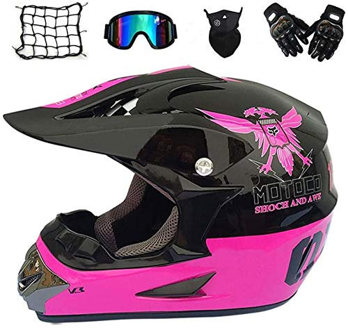 Motocross-Helm für Damen – Schwarz und Rosa – Downhill-Helm mit Brille und Handschuhen (5 Stück) Motorradhelm Crosshelme Sicherheitshelm für MTB Enduro Sport Sicherheitsschutz M-Mittel