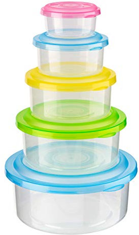 Homeshopa Food Storage Container, Set Of 5 Round Reusable Plastic Food Containers with Lids, Airtight Stackable Leak Proof Kitchen Pantry Containers, Microwave Freezer Dishwasher Safe Boxes