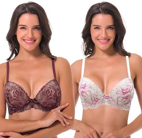 Curve Muse Soutien-Gorge Push-up Taille Plus à Armatures pour Femmes Ajouter 1 Bonnet et Demi en Dentelle-Paquet de 2-Chaux Crème/Rose Vif,Mauve/Or Rose-95C
