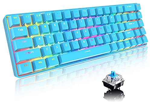 T8 Teclado mecánico actualizado 60% para juegos compacto tipo C con cable 68 teclas LED retroiluminado USB teclado impermeable 18 Chroma RGB retroiluminado teclas anti-ghosting(interruptor azul/azul)