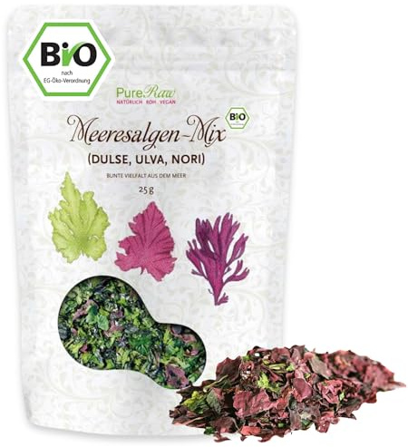 Meeresalgen-Mix Bio Algen-Flocken Getrocknet Atlantik - Dulse Ulva Meersalat Nori (Roh Vegan) Seetang Mischung Umami-Würze für Salat, Dashi, Salzersatz - Organic Raw Dried Seaweed Flakes I PureRaw 25g
