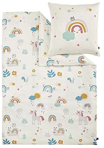 s.Oliver Kinderbettwäsche Einhorn 100x135 cm - 100% Baumwolle, praktischer Reißverschluss & maschinenwaschbar, Bettwäsche für Kinder Regenbogen 2tlg. bunt