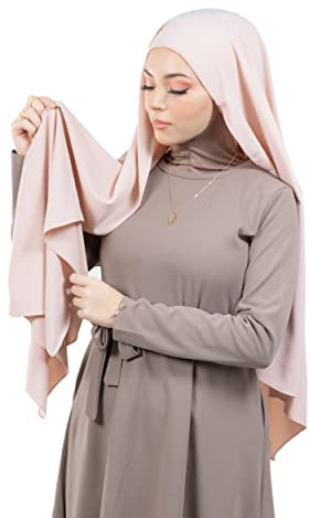 Hijab à enfiler avec bonnet à nouer en soie de médine Luxueux pour femme musulmane voilée HE700 (Rose poudré)