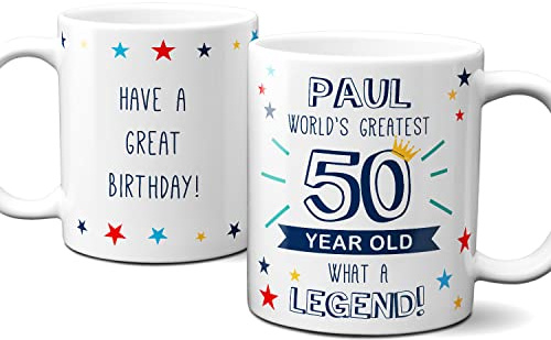 Thoughtful Gifts Personalised World’s Greatest Age 50 Mug, 50th Birthday Gift, Mug for 50-Year-Old Man, Cup Birthday, Gift 50-Year-Old. Add Name and Message