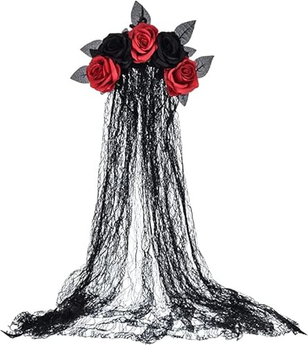 Merroyal Frauen Day of the dead Kopfschmuck Halloween Accessoire Foto Requisiten (Schwarze Blume und Rot + Schleier)