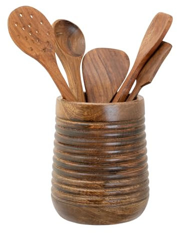 Mie Creations Rustikaler 17,8 cm großer Utensilienhalter für Küchenarbeitsplatte, Holz-Designer-Kochspatel für Partys, Weihnachtsutensilien, Topf-Caddy, Küchentheken-Dekor, Dunkelbraun