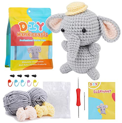 Kuppt Häkelset für Anfänger, Häkeltiere Set, Häkel Starter Set, Strickset mit Häkelnadeln, Garn, Schritt für Schritt Anleitungsvideo, Häkelset für Anfänger Erwachsene, DIY-Handwerkskunst (Elefant)