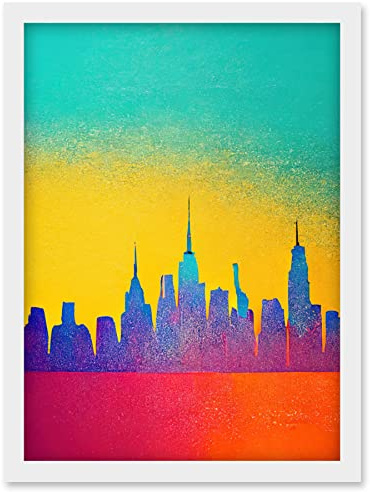 Wee Blue Coo Bright Colourful Abstract New York Skyline Cityscape Yellow Blue Coral Turquoise Artwork Framed Wall Art Print A4