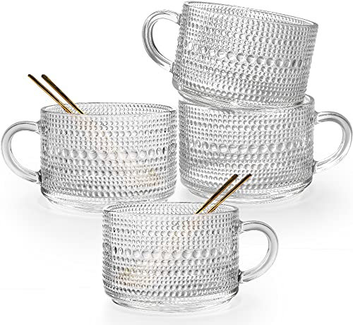 Gutsdoor Vintage Glass Coffee Mugs Set of 4, 14 Oz Clear Embossed Glass Coffee Cups, Stackable Breakfast Cups with Gold Spoon for Cereal, Latte, Tea, Beverages (Beads*4)