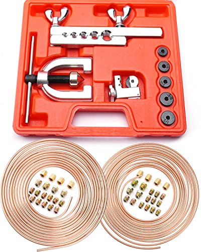 Racewill Kit tubo freno rivestito in rame da 7,6 m 3/16 + 1/4 (include 32 raccordi e 8 giunzioni) + kit di attrezzi svasatura doppia e singola linea del freno