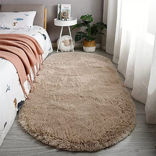 Reyox Teppich Oval Hochflor Shaggy rutschfest Pflegeleicht, Flauschig Weich Langflor Teppich für Wohnzimmer Schlafzimmer Bettvorleger Hell Kamel 90 x 200 cm
