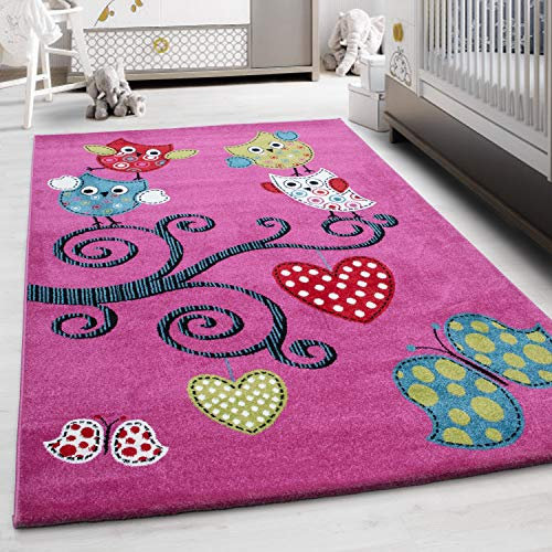 Teppium Kinderteppich für Jungen und Mädchen Eulen Muster 140 x 200 cm Violett - Kurzflor Waschbarer Teppich Extra Weich und Antiallergen - Teppich für Kinderzimmer, Babyzimmer und Spielzimmer