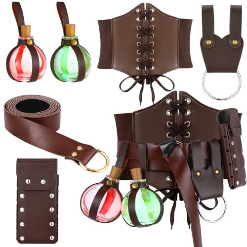 Ramede Halloween Cosplay Zubehör Leder Ring Gürtel Hexe Zauberer Taille Korsett Flasche Mittelalter Beutel, Braun