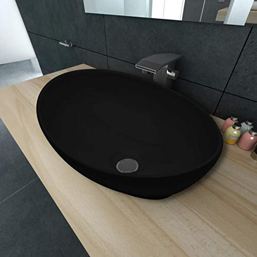 Homgoday Waschbecken mit Abflussloch Waschschale Waschtisch Aufsatzwaschbecken Waschplatz Handwaschbecken Aufsatzbecken für Badezimmer Oval Schwarz 40 x 33 cm Keramik