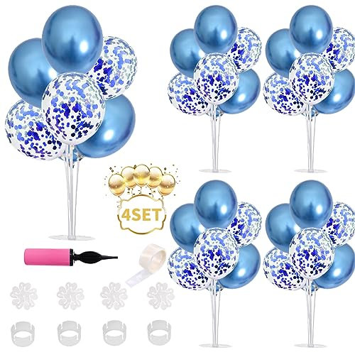 Kit de soporte para globos, 4 juegos para centros de mesa, incluye 32 globos de confeti de látex azul para cumpleaños, graduación, baby shower, decoración de fiesta de mesa