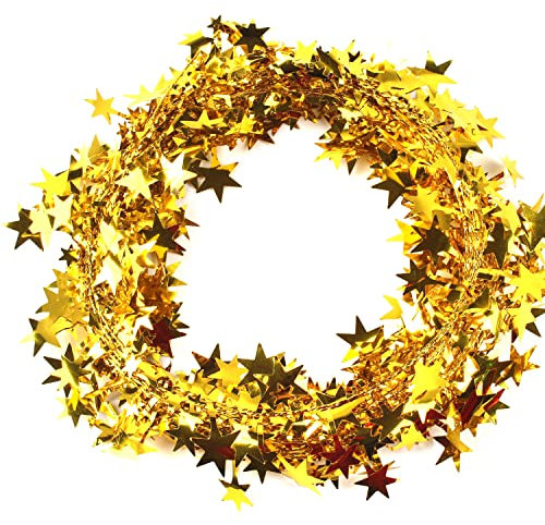 Wambere 5 Stück Weihnachtsdeko Girlande Lametta Girlande 7,5m je Stück,Kleine Sterne Girlande Weihnachten Draht mit Sternen Deko,für Weihnachtsbaum Zuhause Hochzeit Party Festival Dekoration,Gold